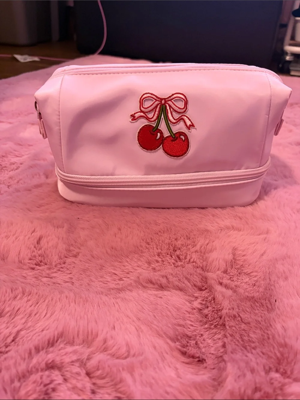 Pink Cherry Embroidered Cosmetic Bag